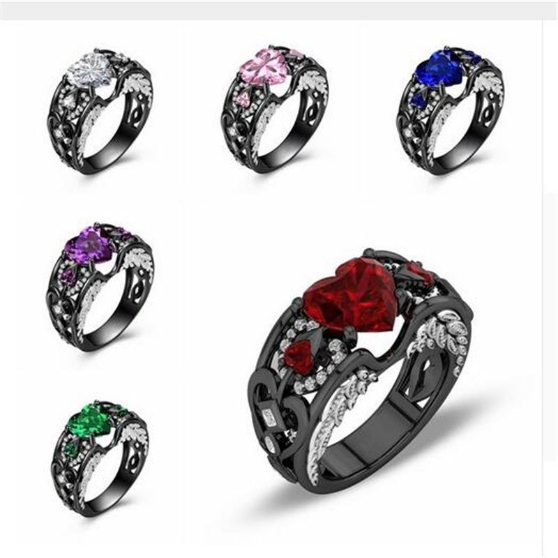 S925 Heart Angel Wings Ring Black Gold Filled Birthstone Gemstones Party Wedding Band Rings for women men Promise Jewelry Gift
