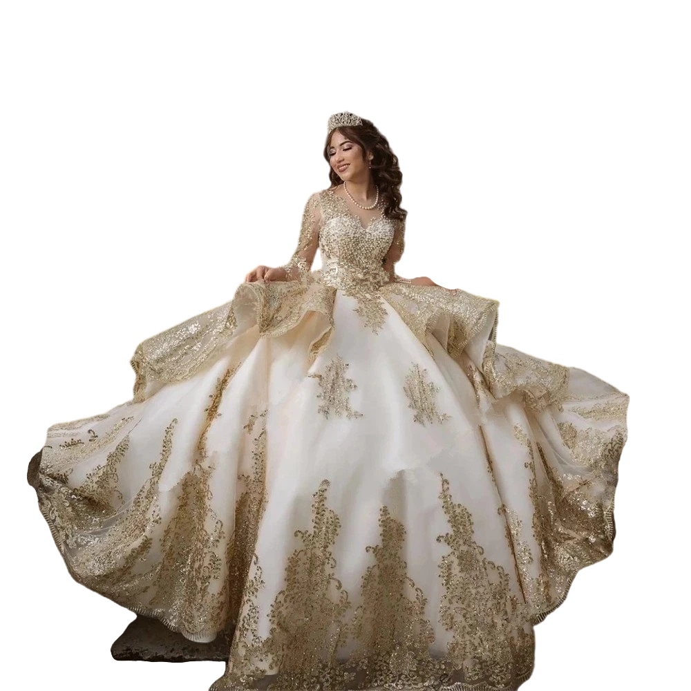 Champagne Gold Quinceanera Dresses Sheer Long Sleeve Beads Sequin Lace-up Princess Prom Sweet 16 Dresses for 15 Year vestidos