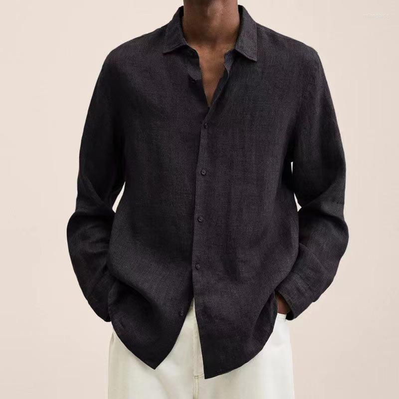 CNLONGBIDA Mens Casual Shirts Spring Cotton Linen Mens Summer Solid Turn-down Collar Long Sleeve Blouse Loose For Men Tops