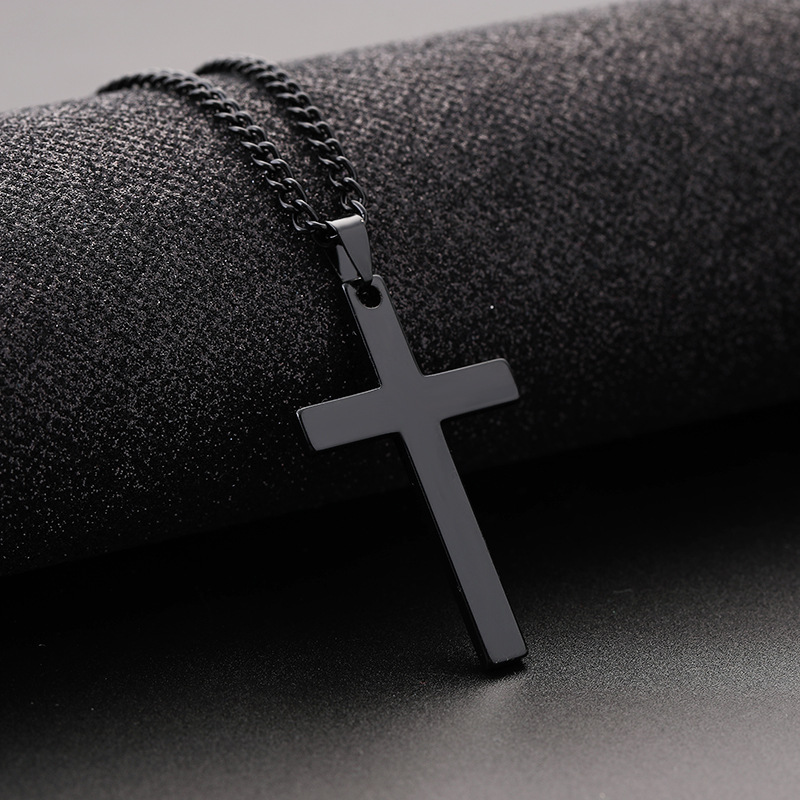 MOOHAM Polished Cross with Necklace Men Filled Silver Black Gold Stainless Steel Plain Pendant Chain 24 Inch Collection Men's