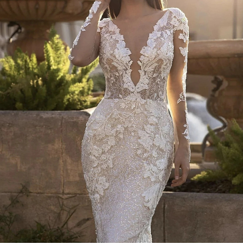 Full Stunning Lace Sleeve Wedding Dresses Sexy Mermaid Deep V Neck Backless Appliques Long Bridal Gowns