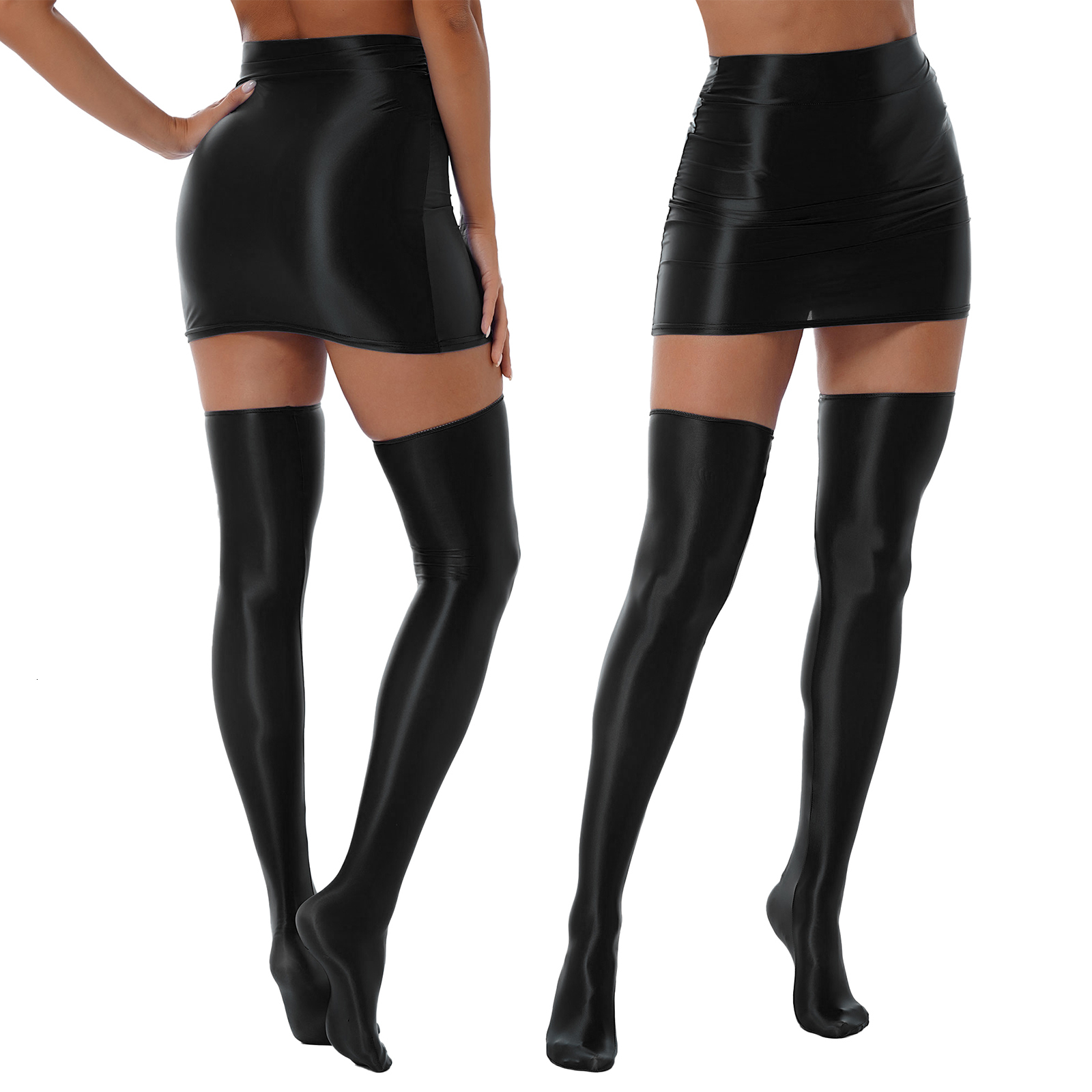 Skirts Solid Shiny Women Sexy High Waist Skinny Hip Silky Knee Stockings Two Pieces Set Ladies 2023 Trendy Clubwear Party Suit 230420