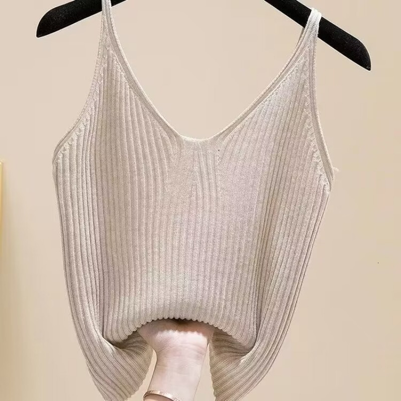 Camisoles Tanks Casual Knitted Sleeveless Camisole Women Summer Camis New Sexy V-neck Solid Color Sleeveless Camis Skinny Tops for Female 230420