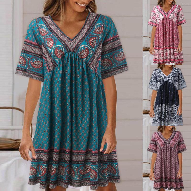 Casual Dresses Women Fashion Clothes Floral Print Layered Short Sleeve Pleated Mini Dress Beach For, Black