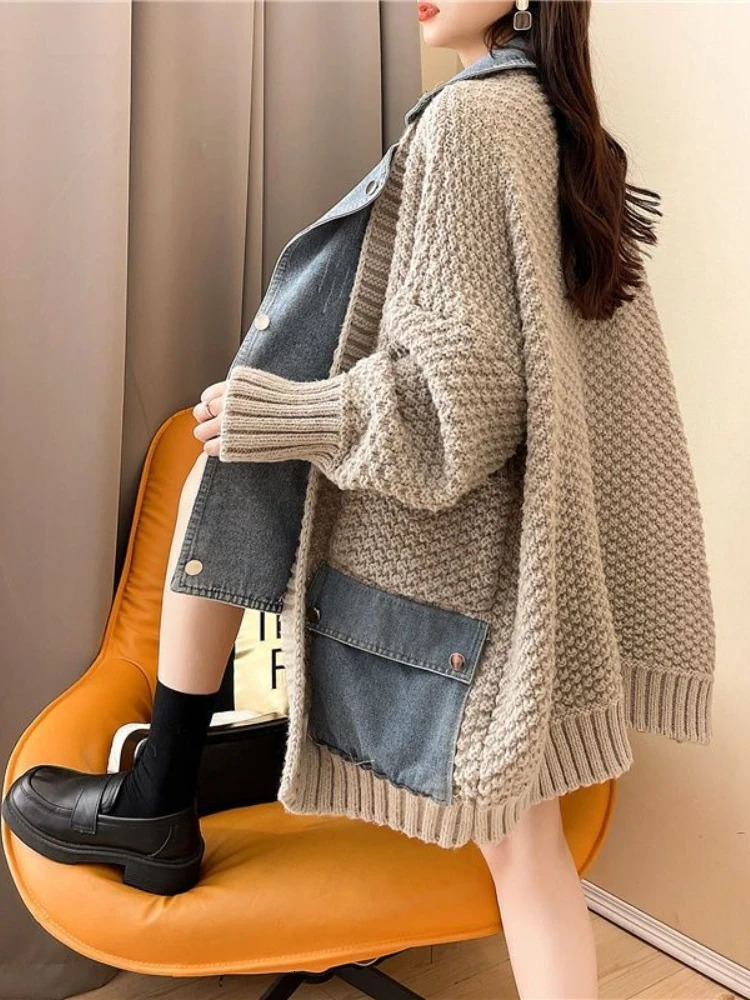 Men's Jackets Jackets for Women Lapel Panels Denim Jacket Women Coats Loose Thick Sweater Knitted Cardigan Top Women Clothing Knitwears 231120