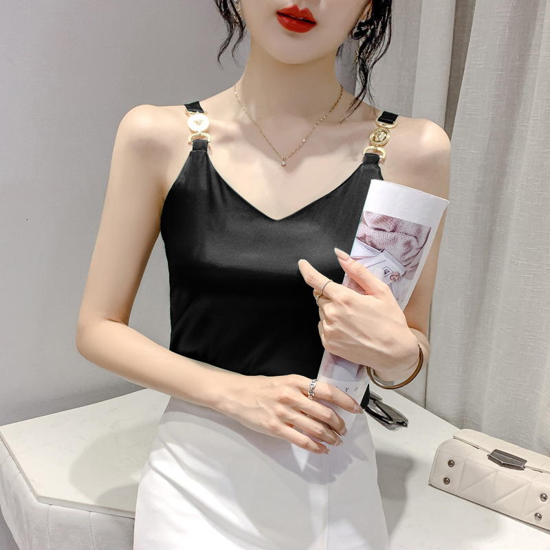 Camisoles Tanks New Cami Top V-neck Solid Fashion Sleeveless Top Summer Womens Temperament Elegant Office Lady Backless Top Silk Spaghetti Camis 23042