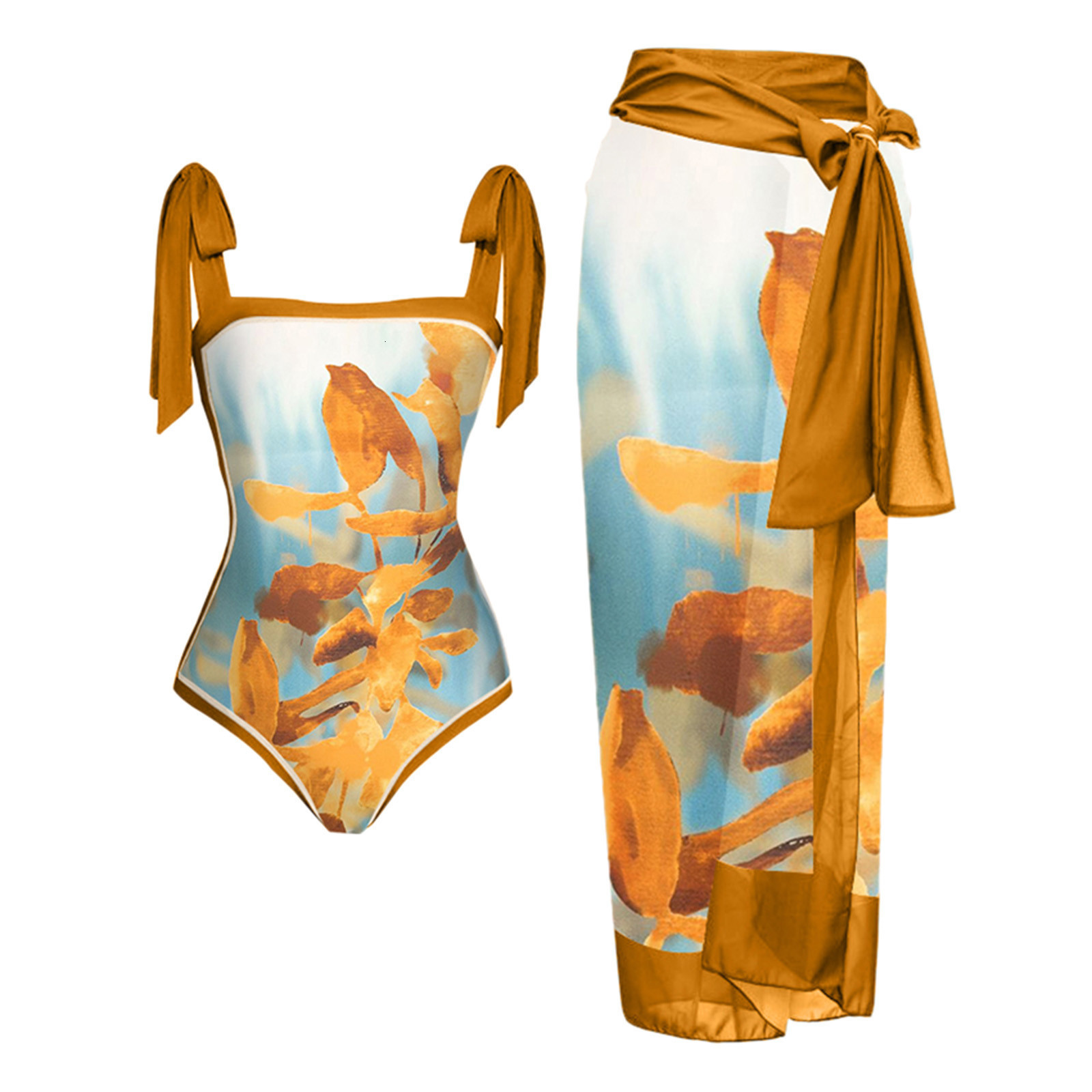 Women's Swimwear Women Vintage Colorblock Abstract Floral Print 1 Piece Swimwear1 Cover UP Two Swimsuit Monokini 230420
