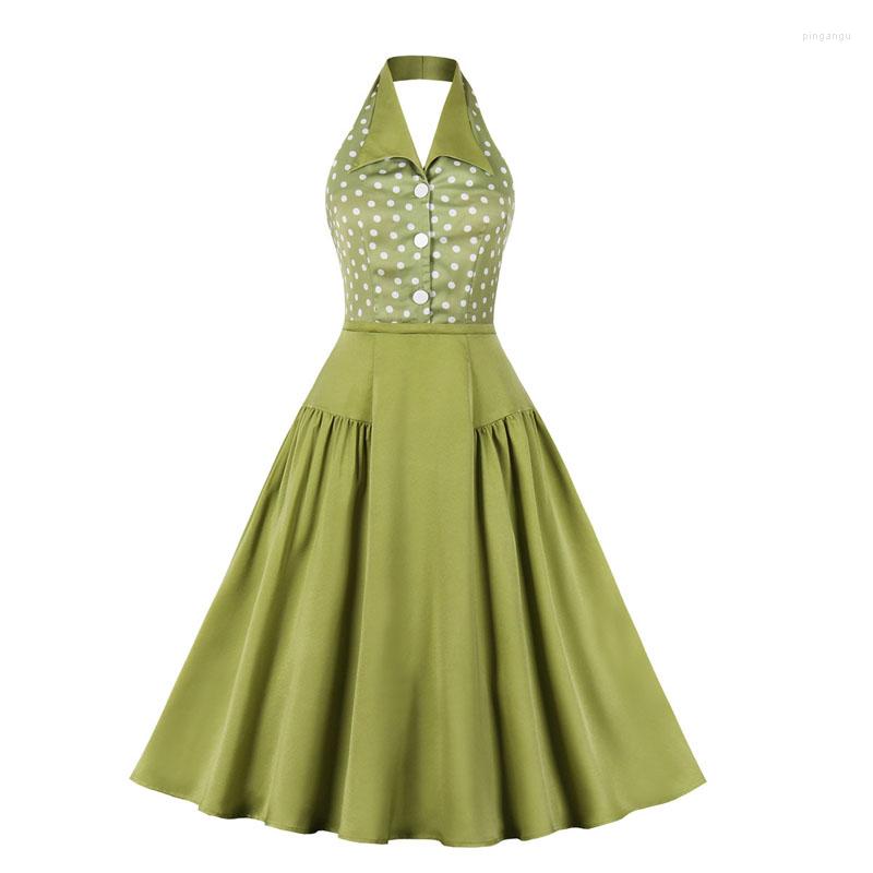 

Casual Dresses 2023 Summer Sexy Women Halter Backless Polka Dot Printed Vintage Retro Party Rockabilly Pin Up Skater Dress, Green