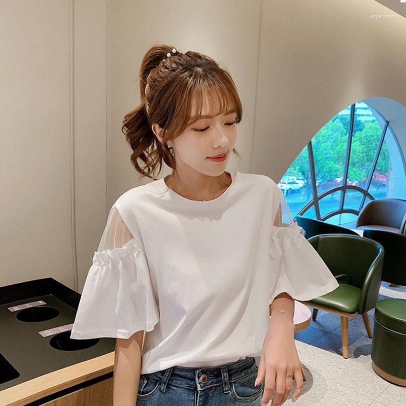 

Women's Blouses Fashion O-Neck Spliced Gauze Flare Sleeve Blouse Women's Clothing 2023 Summer Casual Pullovers All-match Korean Shirt, White