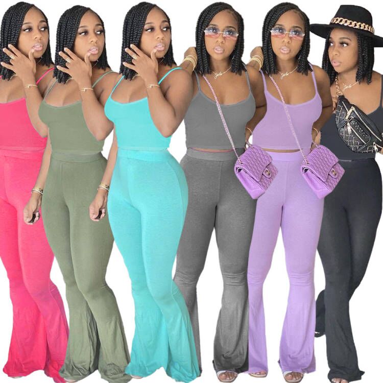 2024 Designer Summer Tracksuits Women Outfits Two Piece Sets Sleeveless tank top and Flared Pants Casual Jogger Suits Solid Sportswear Wholesale Cloth