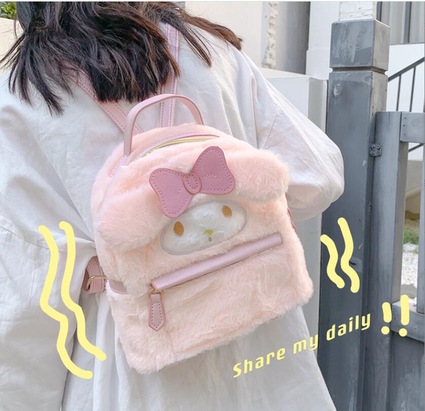 Cute Pink White Zipper Plush Backpack Girl Cute Soft Accessories Double Shoulder Bag Girls Birthday Gift