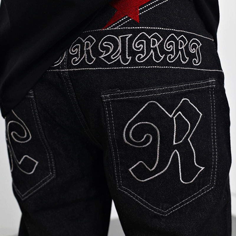 Mens Jeans Chic Star Letter Embroidery Black Baggy Men Straight Pants Y2K Streetwear Male Hip Hop Denim Trousers Vetement Homme 230420