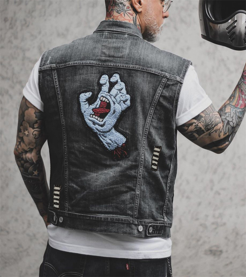 Men's Vests 2023 Men Skull Motorcycle Biker Punk Hip Hop Top Waistcoat Hole Ripped Sleevless Jean Jacket Mens Denim Vest West 230420