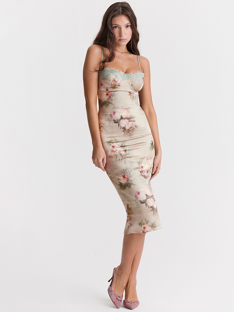 Casual Dresses Karlofea In Double Layered Satin Padded Midi Dress For Women Summer Chic Elegant Slim Floral Print Garden Party Dresses 230420
