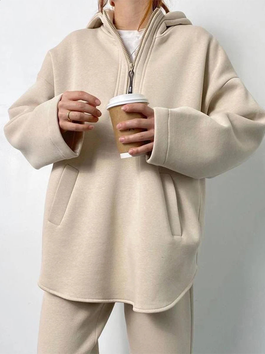 Women's Two Piece Pant 2 Pieces Sporty Tracksuits Fall Winter Solid Color Loose Long Sleeve Zipper Hoodies Sweatshirts and Joggers Pants Outfits 