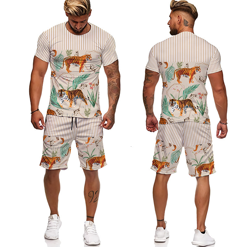 Men's Tracksuits 2023 Summer Trendy 3D Tiger Printed Tshirt Suit Cool MenWomen TracksuitCasual TopShorts Streetwear Clothing Sets 230419