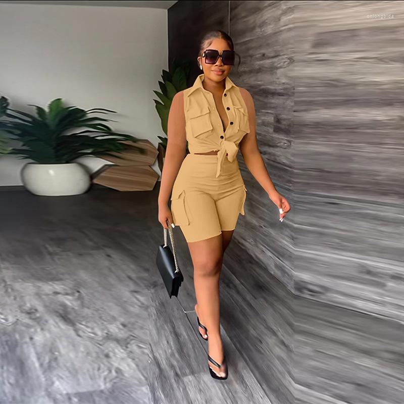 Women's Tracksuits GPBD 2023 Sleeveless Lapel Short Top Elastic Pants Two Piece Sets Casual Street Style Pure Color Women Suit