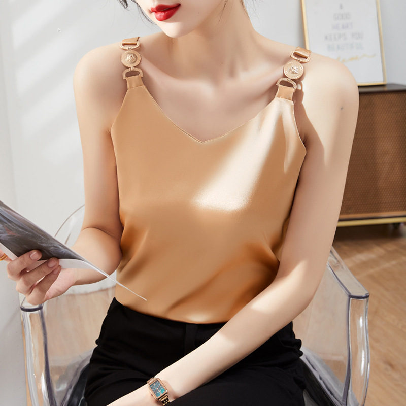 Camisoles Tanks New Cami Top V-neck Solid Fashion Sleeveless Top Summer Womens Temperament Elegant Office Lady Backless Top Silk Spaghetti Camis 23042