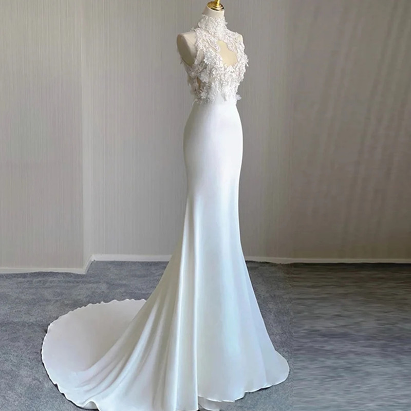 Sexy Lace Appliques Mermaid Wedding Dress High Neck Sweep Train Custom Made Garden Western Country Bridal Wedding Gowns