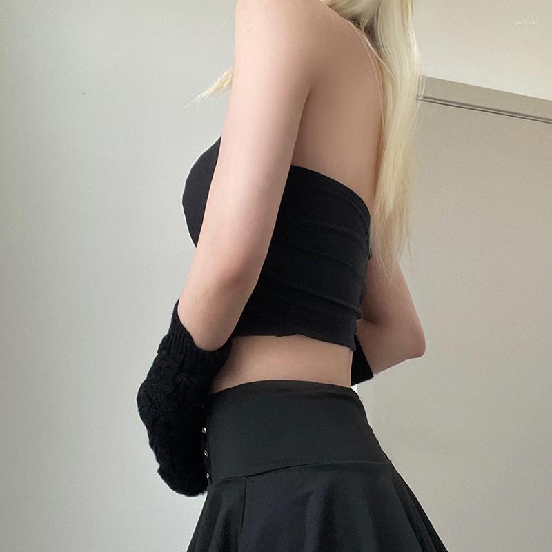Women's Tanks SUCHCUTE Gothic Button Patchwork Crop Tops Women Grunge Dark Academic Tank Top Sexy Streetwear Punk Style Split Hem Clothes