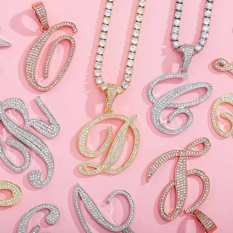 Large Thick Cursive Script Art Initial Letter Pendant Necklace Full Cz Stone Cubic Zirconia Personalized Asthetic A-z English Crystal Collier Jewelry 