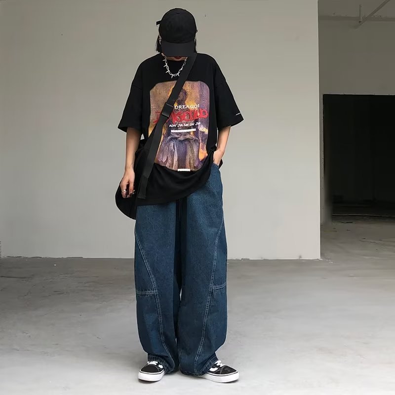 Mens Jeans Japanese Oversized Fashion Baggy Solid Color Casual Stitching Trousers Street Straight Harajuku Denim Pants 230420