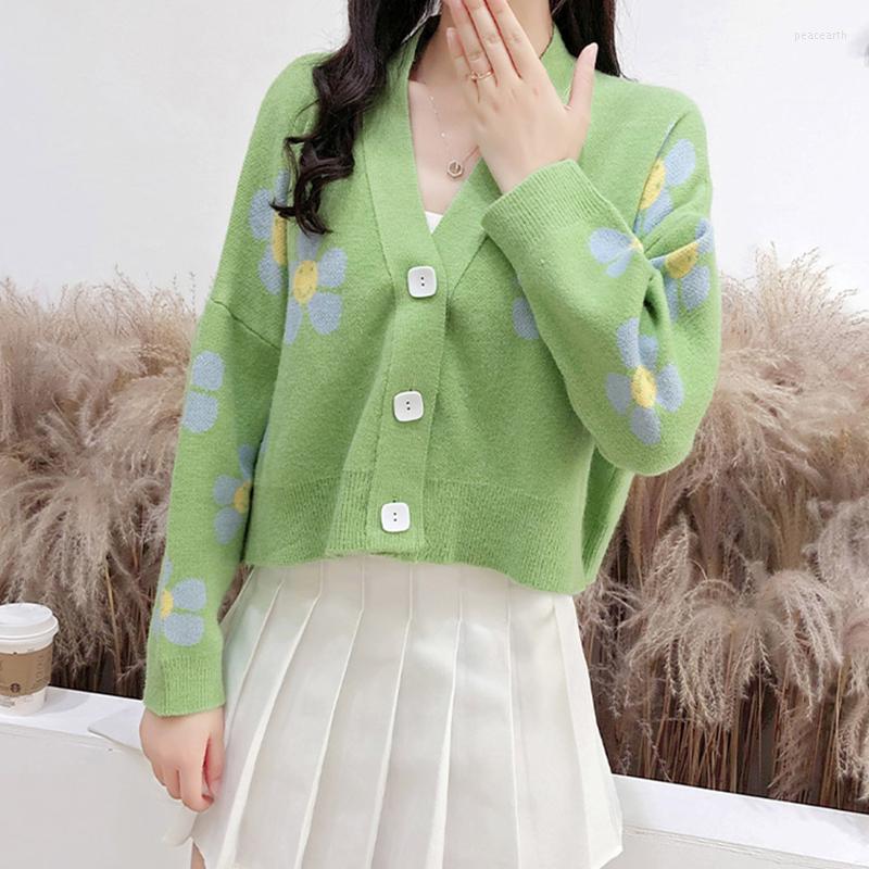 Women's Knits Autumn Buttons Flower Print Cropped Cardigans Women Loose Ladies Short Chic Knitted Sweaters Long Sleeve V Neck Solid, Lvse