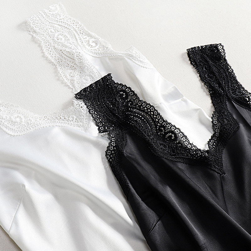 Camisoles Tanks Lace Strap Silk Top Women Sexy V Neck Sleeveless WhiteVest Satin Elasticity Mesh Silk Tank Tops Women Basic Plus Size Camisole 230420