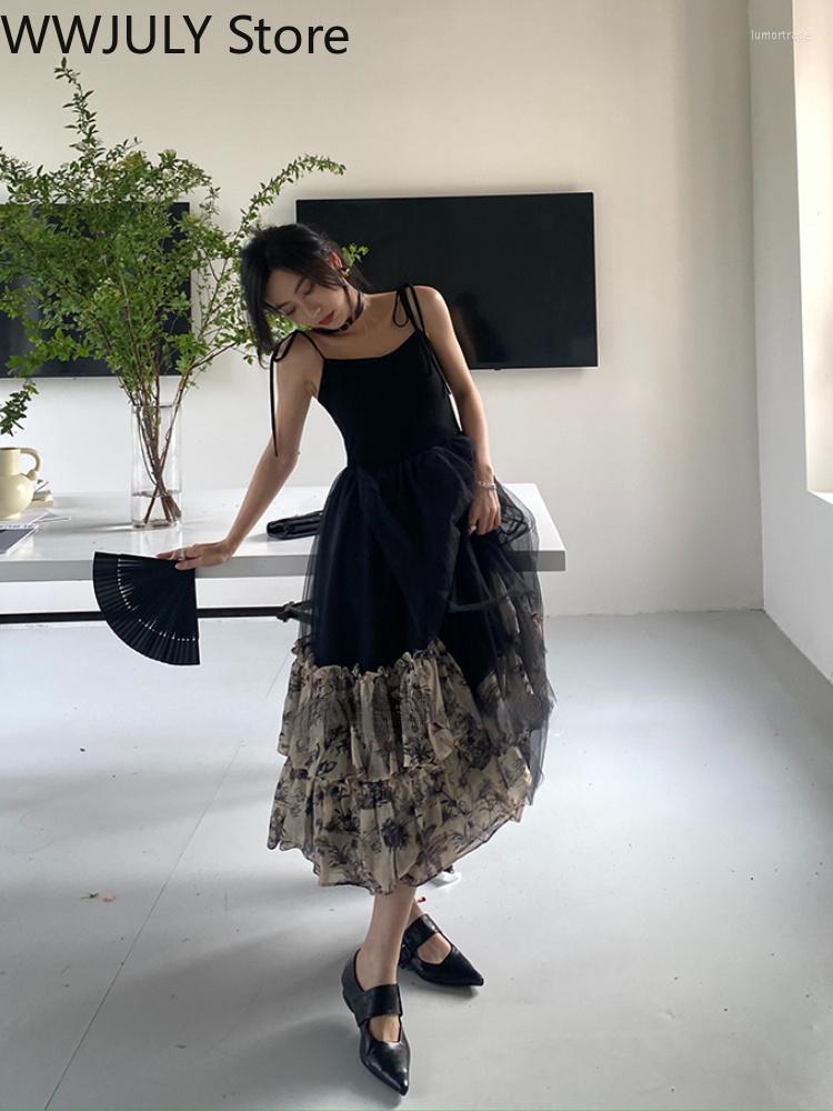 Casual Dresses French Vintage Black Strap Dress Gothic Summer Sleeveless Retro Midi Slim Korean Style Party Woman