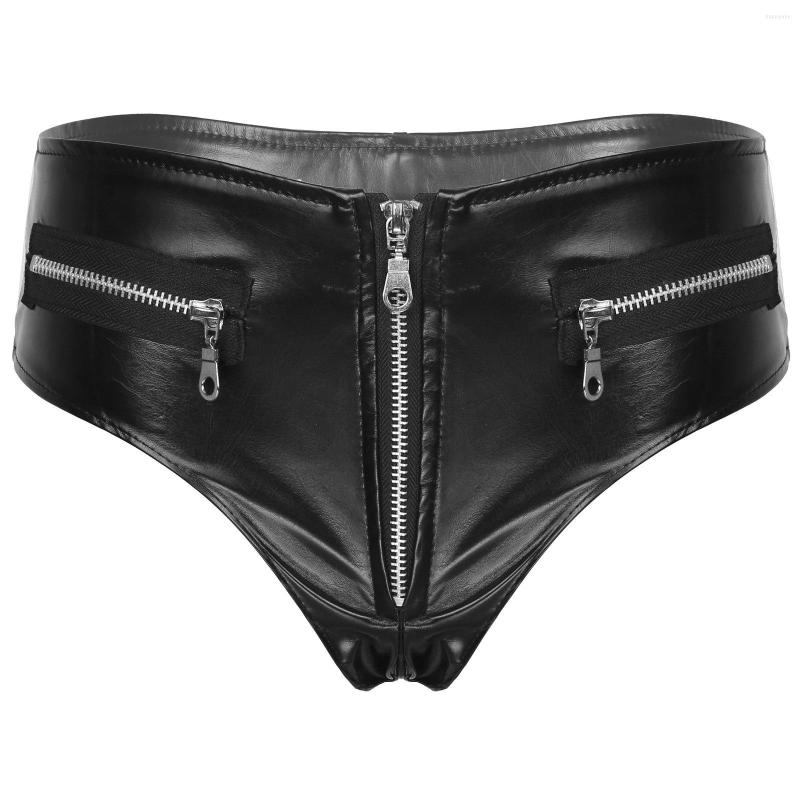 Women's Panties Women's Patent Leather Sexy Zipper Shorts, Black
