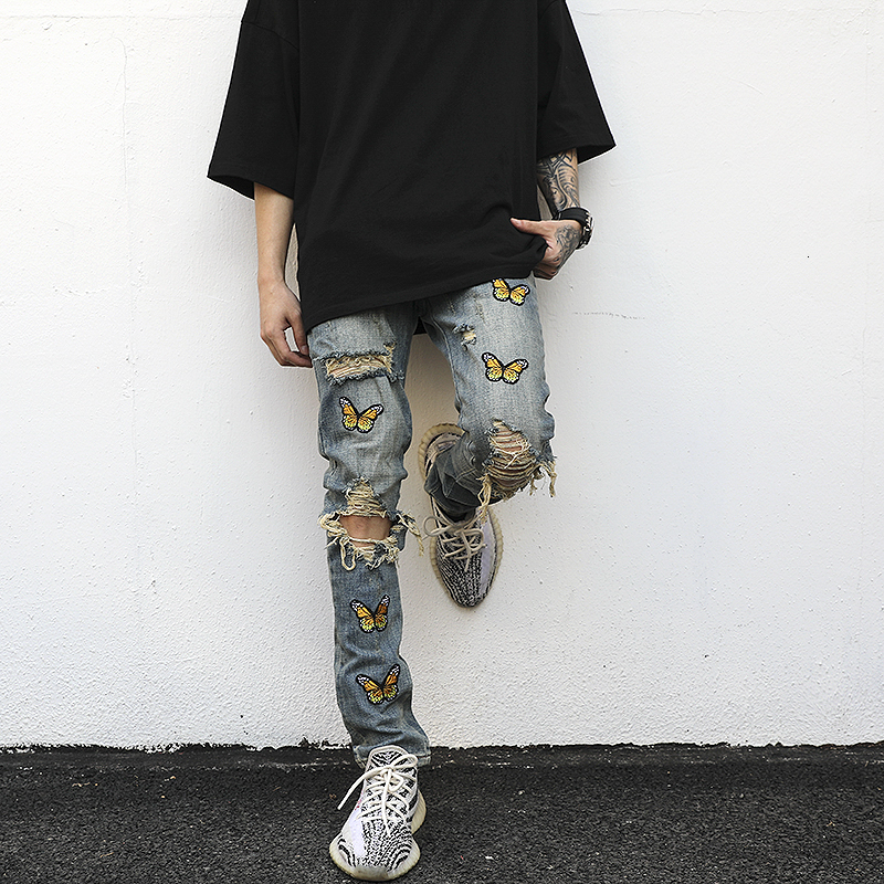 Mens Jeans High street Butterfly Embroidery Knee Ripped Hole casual Hip Hop Distressed Slim Fit Skinny Denim Pants Joggers 230420