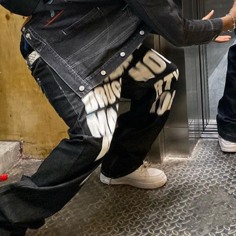 Mens Jeans Wide Leg Trousers Printed Streetwear Straight Hip Hop Letterprinted Pants Trend Fashion Punk Rock Loose 230420