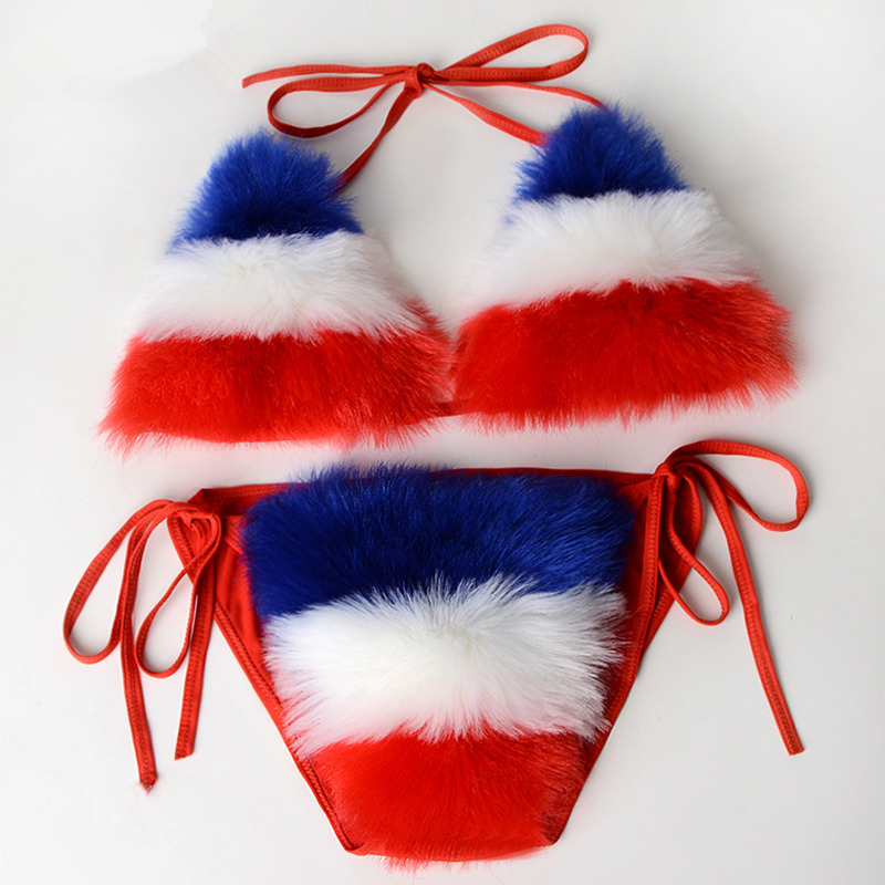 Women's Swimwear Women Sexy Bikini Swimsuit Faxu Fur Summer Bathing Tieup Adjustable Bra Cute Girls Furry Underwear 2 Piece Set 230420
