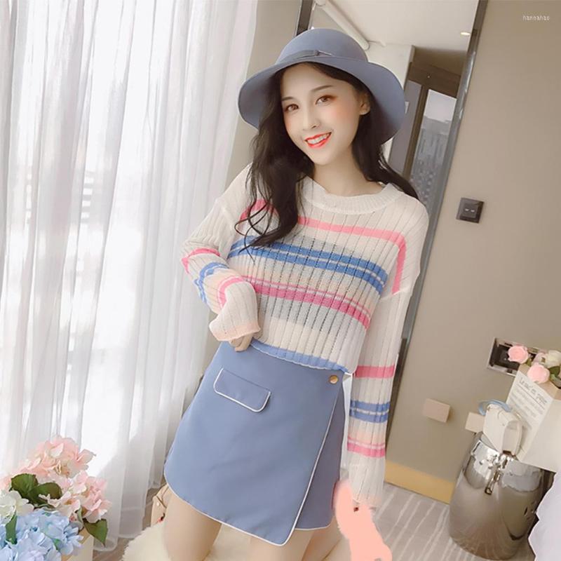 Women's Sweaters Horn Sleeve Crew Neck Striped Knitted Loose Autumn Thin Women Sweater, White
Women's Sweaters Horn Sleeve Crew Neck Striped Knitted Loose Autumn Thin Women Sweater, White