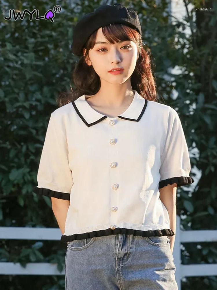Women's Knits Summer Single-breasted Pearl Decoration Ruffles Shirts All-match Sweet Hit Color Students T-shirts Women Fashion Knitted, White
Women's Knits Summer Single-breasted Pearl Decoration Ruffles Shirts All-match Sweet Hit Color Students T-shirts Women Fashion Knitted, White