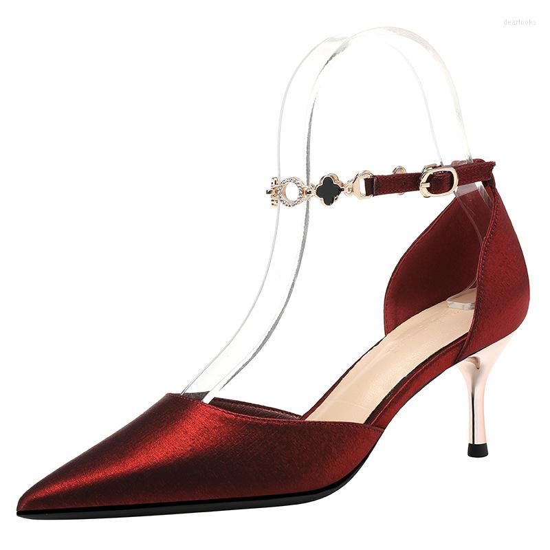 Sandals 31-43 Small Size Women Shoes Black Satin 6cm High Heels Ankle Strap Red