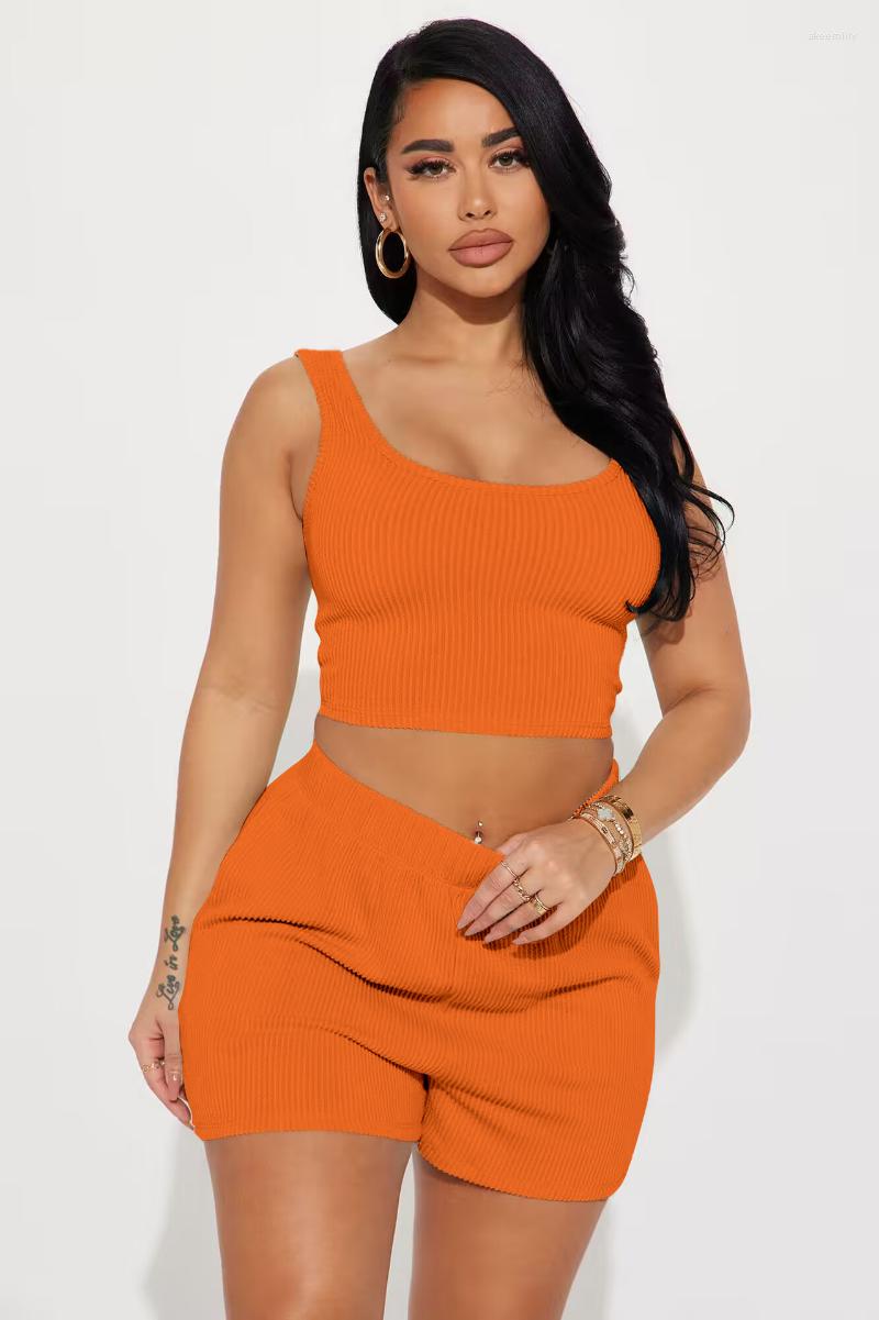 Women' Tracksuits WUHE Fitness Yoga Knit Ribbed Women' Set Tank Top Shorts Suit Soild 2023 Summer Sweatsuit Two 2 Piece Outfit, Black