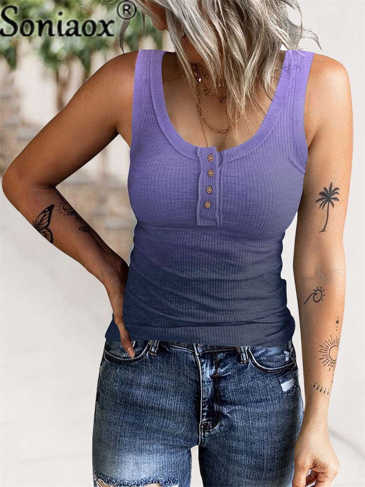 Camisoles Tanks Women Sleeveless U-Neck Casual Vest Gradient Print Sexy Slim T-Shirt New Summer Threaded Button Ladies Tank Top 230420