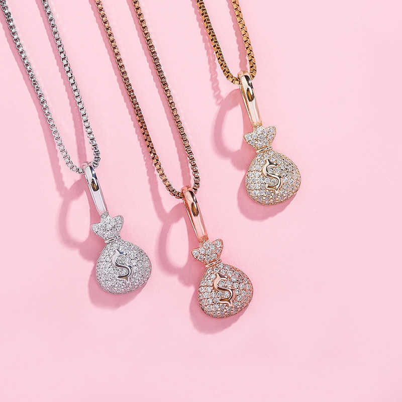 925 Sterling Silver Womens Money Bag Pendant Necklace Rose Gold Dollar Sign Charm Full Cz Cubic Zircon Hip Hop Choker Jewelry Aesthetic Crystal Collar
