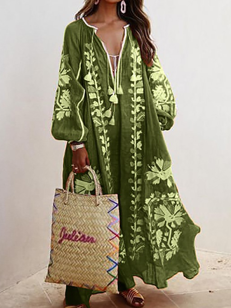 Casual Dresses Oversized Print Long Dress Women Boho Maxi Dress Female V Neck Lantern Sleeve Dress Ladies Casual Loose Vintage Vacation Dress 230420