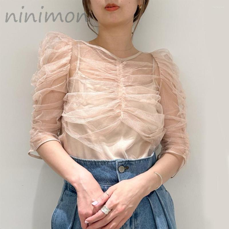 Women's Blouses NINIMON Puff Sleeves See Through Chiffon Blouse Women Mesh Lace Top Elegant Multi-layer Pleated Summer Shirt Sexy, Pink 
Women's Blouses NINIMON Puff Sleeves See Through Chiffon Blouse Women Mesh Lace Top Elegant Multi-layer Pleated Summer Shirt Sexy, Pink