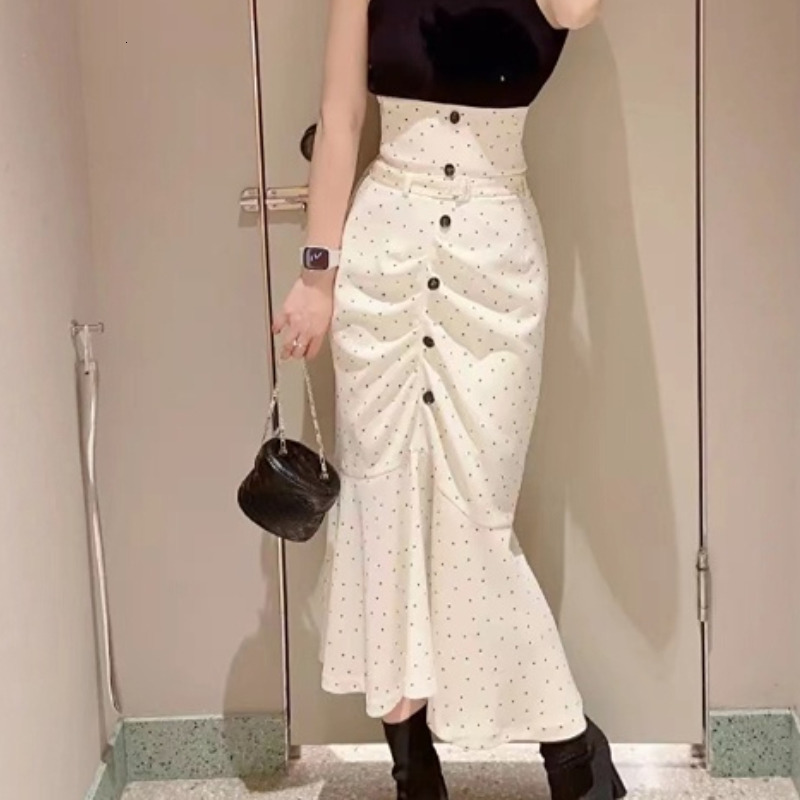 Skirts Kuzuwata 2023 Spring High Waist Irregular Skirt Solid Color Elegant Temperament Mujer Faldas Polka Dot Harajuku Mermaid Jupe 230420