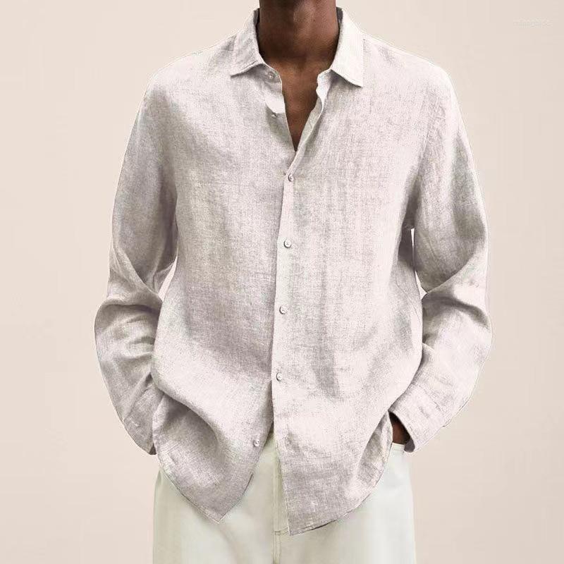 CNLONGBIDA Mens Casual Shirts Spring Cotton Linen Mens Summer Solid Turn-down Collar Long Sleeve Blouse Loose For Men Tops