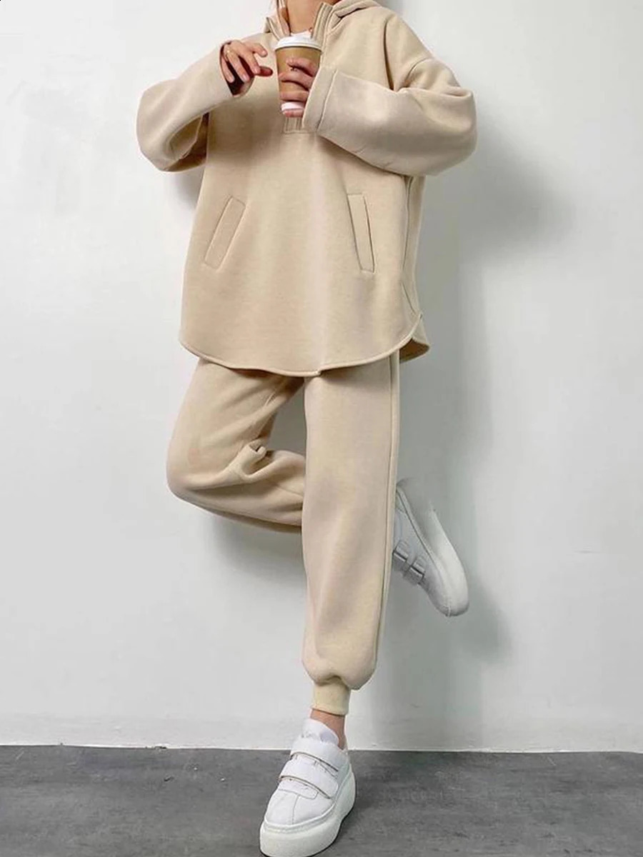 Women's Two Piece Pant 2 Pieces Sporty Tracksuits Fall Winter Solid Color Loose Long Sleeve Zipper Hoodies Sweatshirts and Joggers Pants Outfits 