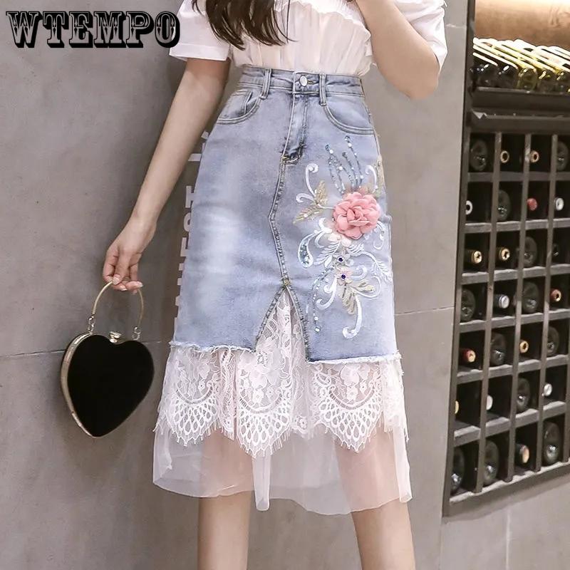Dresses Tulle Jean Skirts for Women 3D Floral Embroidery Lace Patchwork Light Blue Harajuku Jeans Skirt Denim Faldas Jupe
Dresses Tulle Jean Skirts for Women 3D Floral Embroidery Lace Patchwork Light Blue Harajuku Jeans Skirt Denim Faldas Jupe