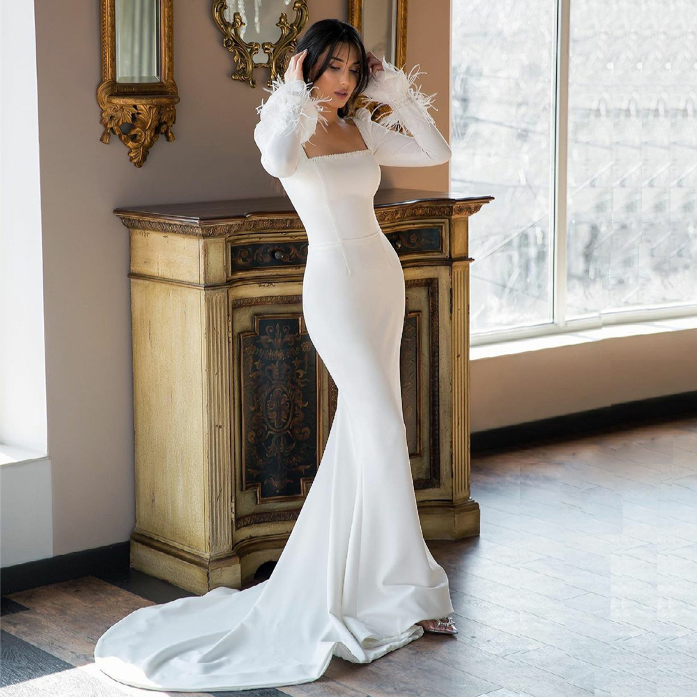 Elegant Flare Sleeve Mermaid Wedding Dresses Beaded Square Neck Bridal Gowns Feather Cuff Satin Church Sweep Train Vestido De Novia