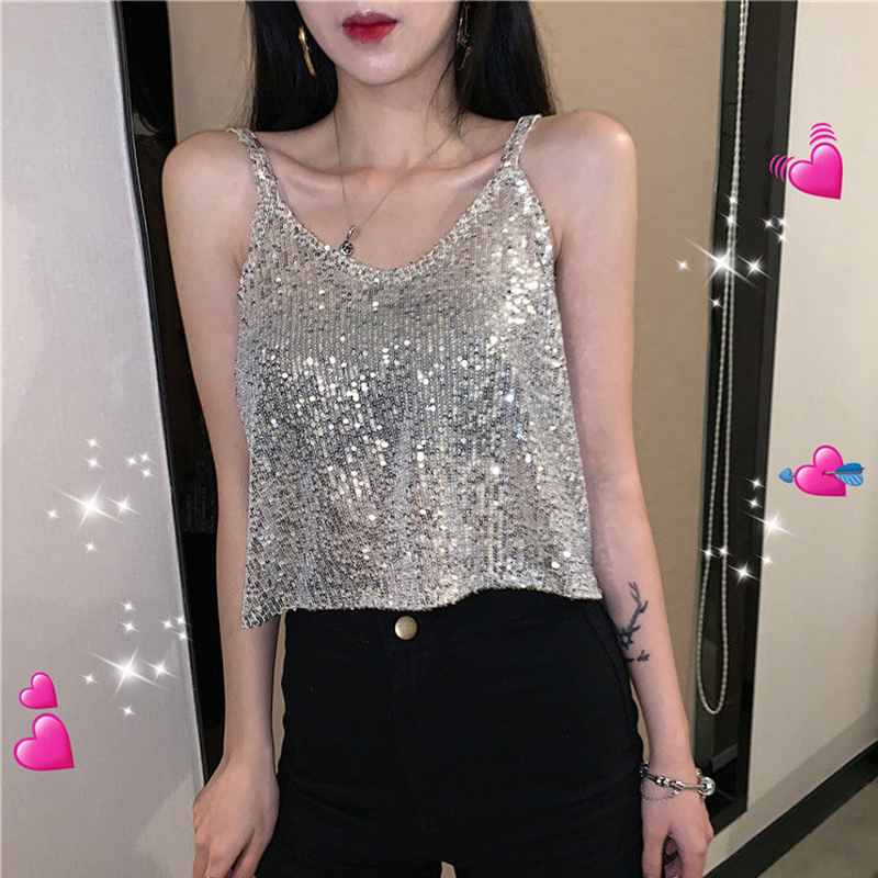 Camisoles Tanks Gold Silver Sequins Crop Tops Women Summer Sexy Backless Deep V Neck Vest Woman Y2K Chic Slim Strap Sleeveless T Shirt 230420