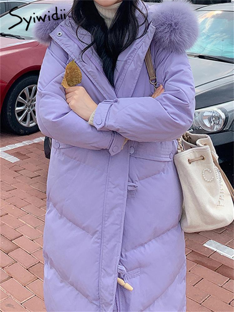 

Leather Syiwidii Long Puffer Jacket Women Parkas Autumn Winter 2022 New Thicken Warm Coats with A Fur Hood Casual Korean Fashion Outwear, Lavender