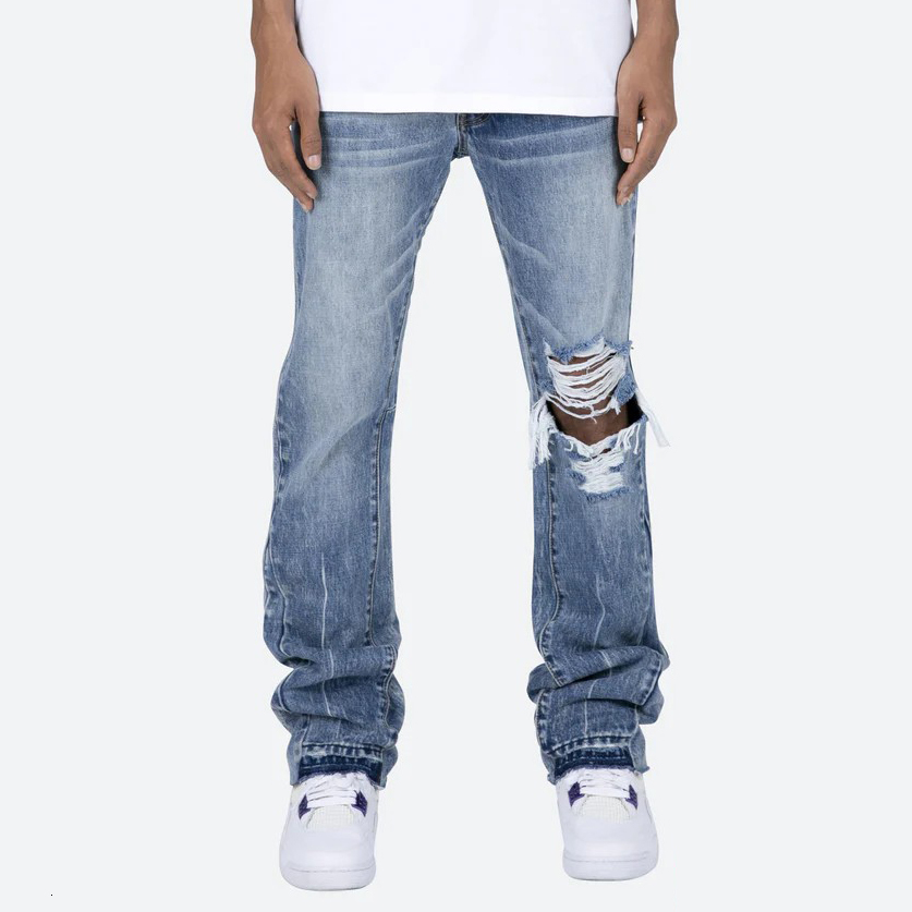 Mens Jeans Contrast Color Hole Washed Blue for Men Streetwear Loose Ripped Flare Pants Frayed Retro Casual Oversized Denim Trousers 230420