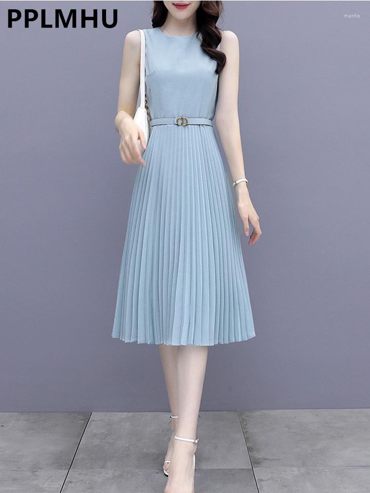 Casual Dresses Summer Tank Pleated Party Dress Women Korean Elegant Mid-length Sleeveless Slim Ol Chiffon Vestidos With Belt, Navy
Casual Dresses Summer Tank Pleated Party Dress Women Korean Elegant Mid-length Sleeveless Slim Ol Chiffon Vestidos With Belt, Navy